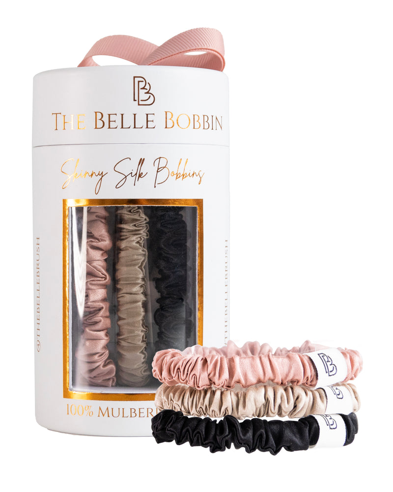 The Belle Bobbin Silk Scrunchies - Skinny Style - 3 Pack - Black, Champagne & Blush Pink