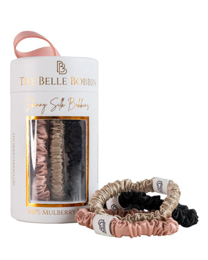 The Belle Bobbin Silk Scrunchies - Skinny Style - 3 Pack - Black, Champagne & Blush Pink