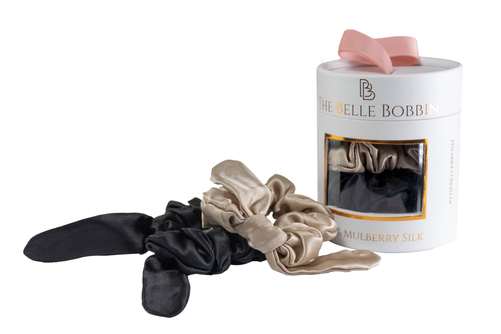 ** 2 Pack ** The Belle Bobbin - 2 x 100% Mulberry Silk Scrunchies - Black & Champagne - Belle Hair Extensions