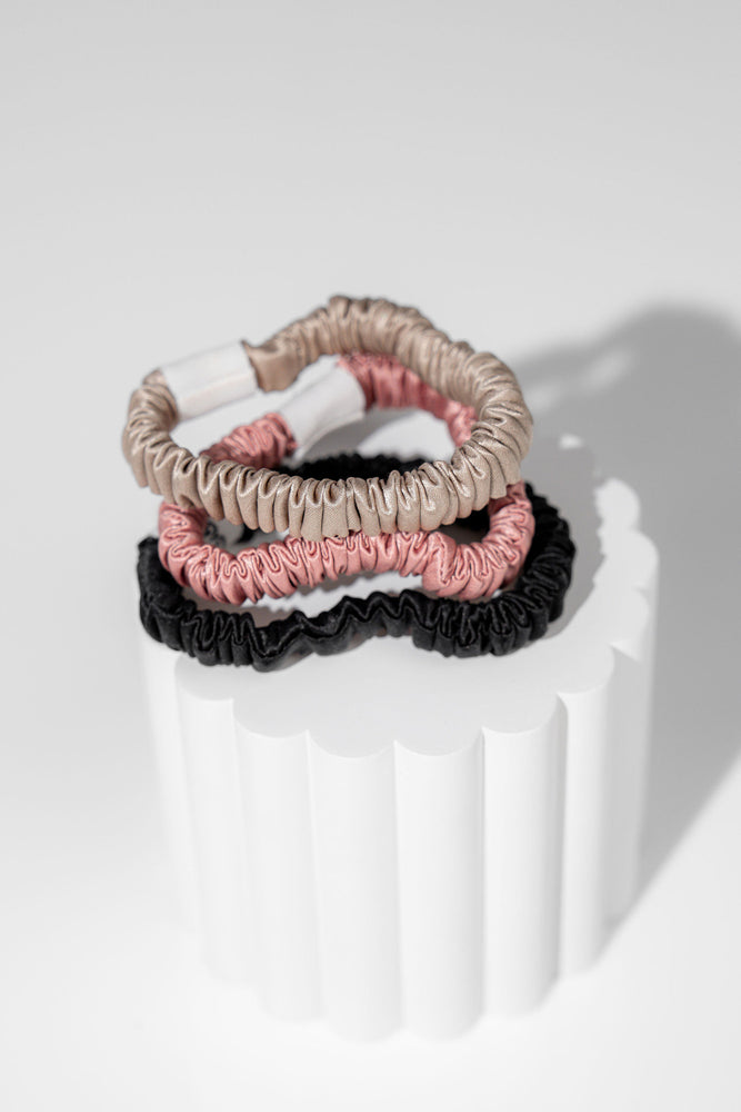 The Silk Scrunchie - Skinny Style - 3 Pack - Black, Champagne & Blush Pink